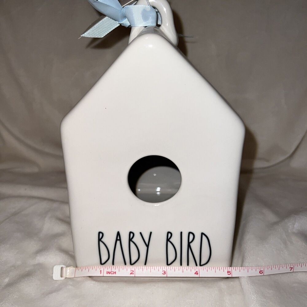 Rae Dunn Birdhouse Baby Bird Square Birds Graphic 9.5" x 5" Farmhouse Blue Bow